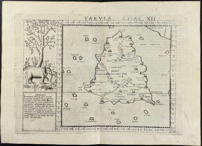 Map of Taprobana, Island in Sumatra, with inset of Elephant