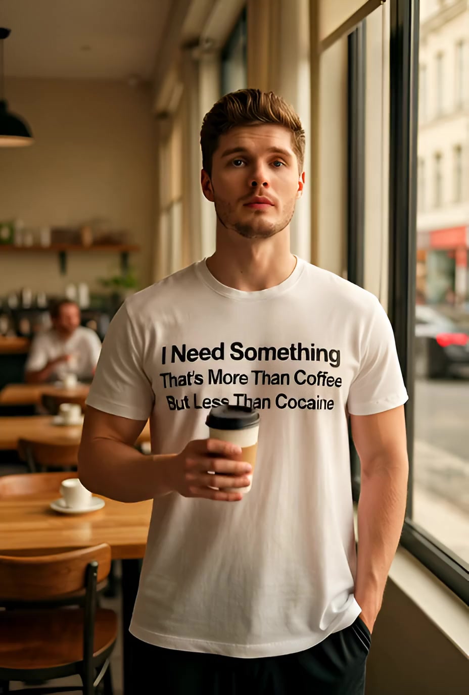 I Need Something That's More Than Coffee But Less Than Cocaine Funny T Shirt — product video preview