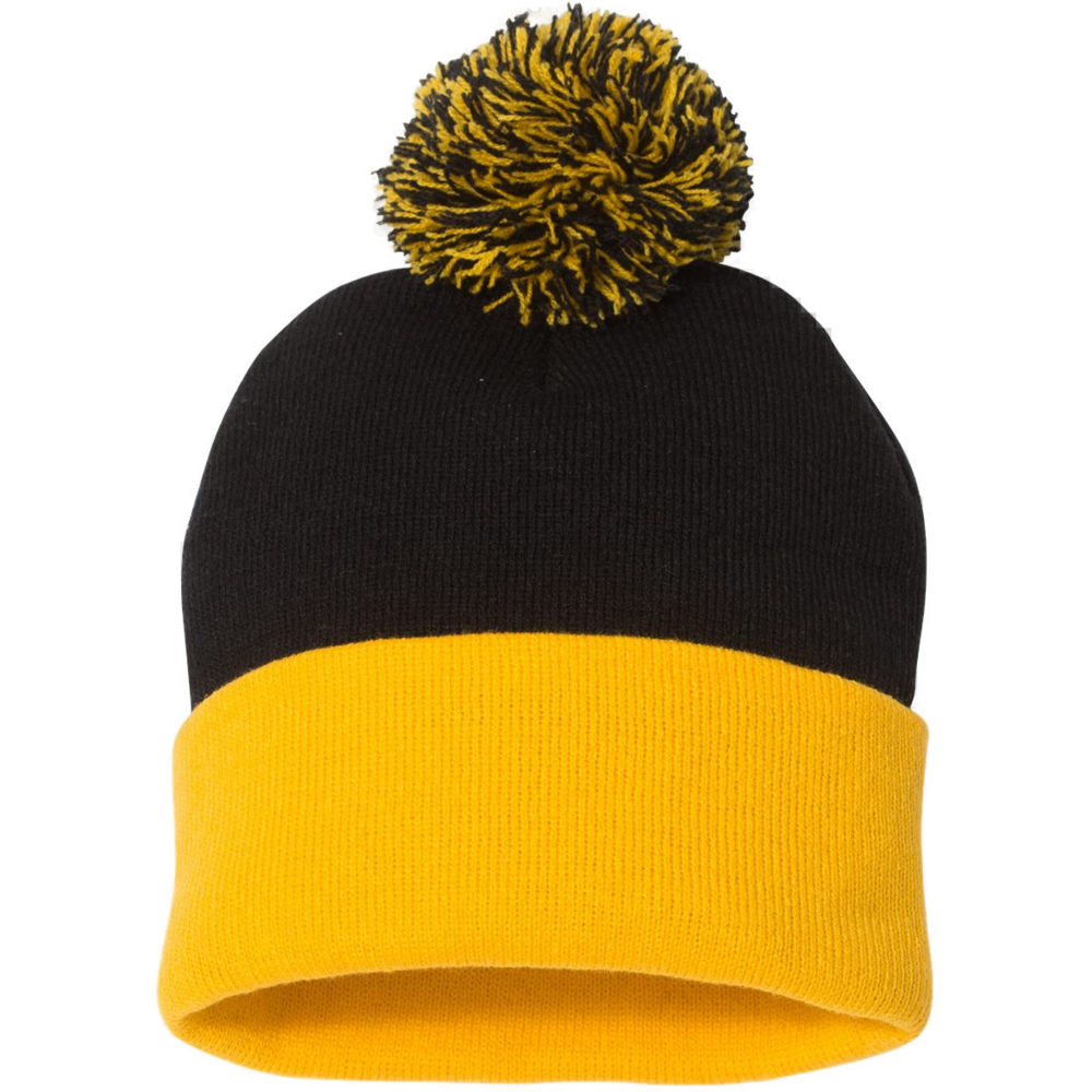 12" Pom-Pom Cuffed Beanie — Black/ Gold
