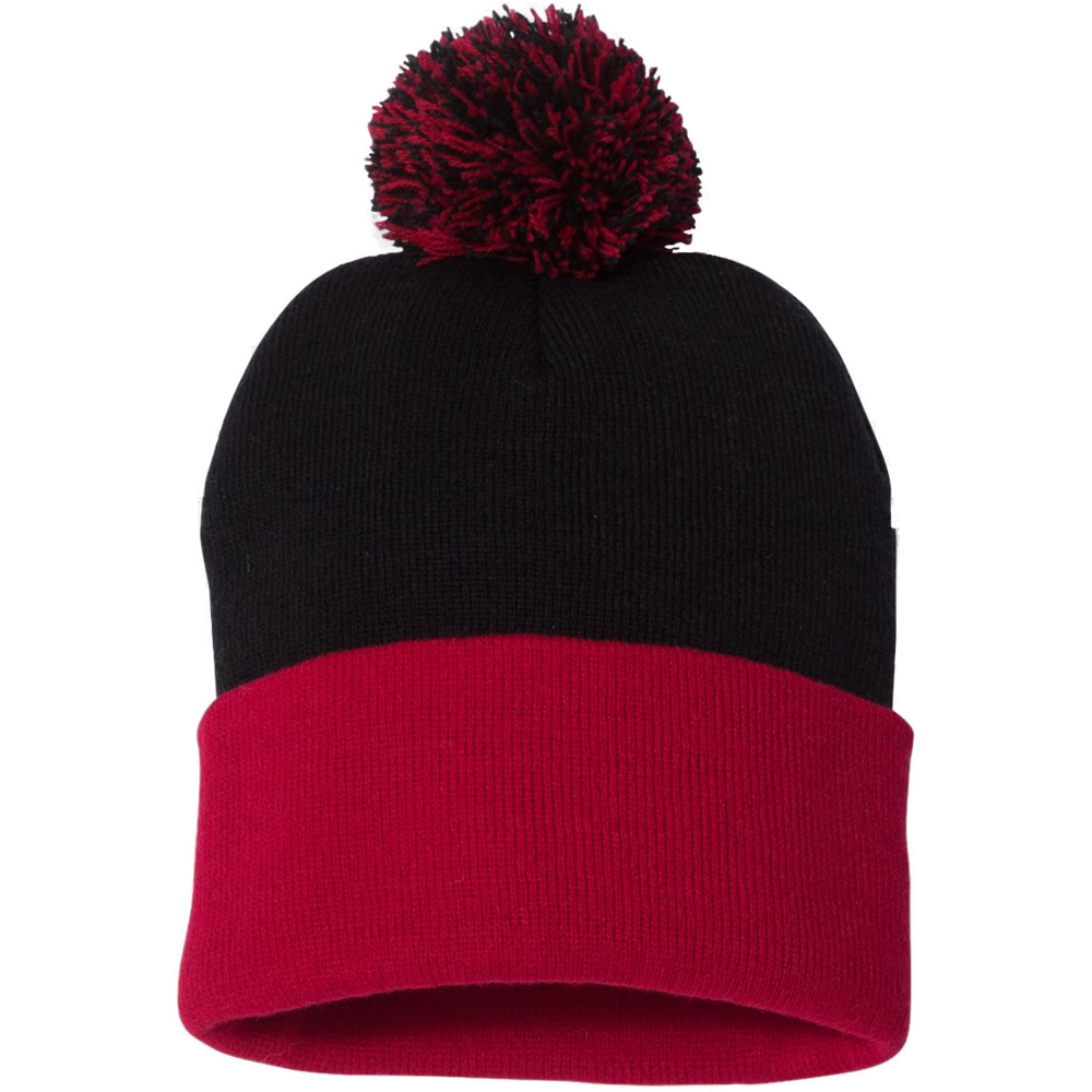 12" Pom-Pom Cuffed Beanie — Black/ Red