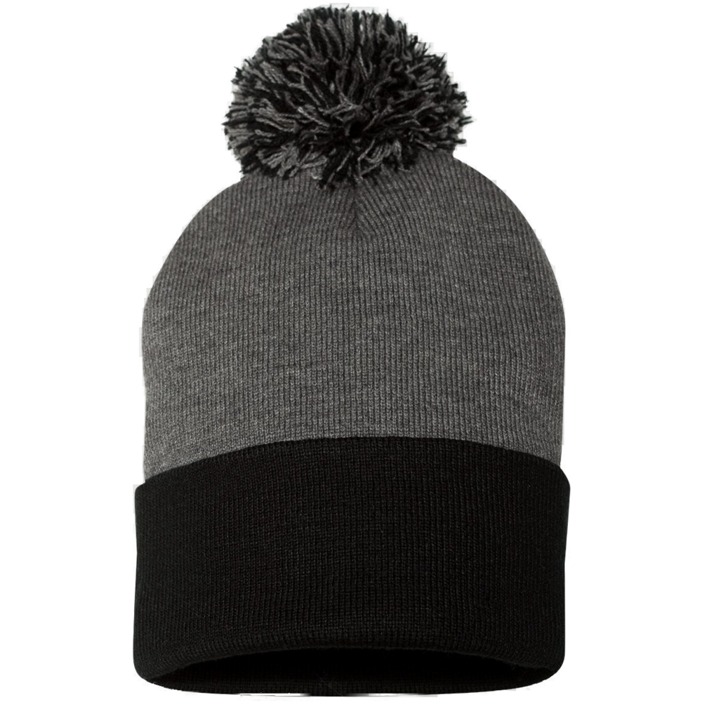 12" Pom-Pom Cuffed Beanie — Dark Heather Grey/ Black