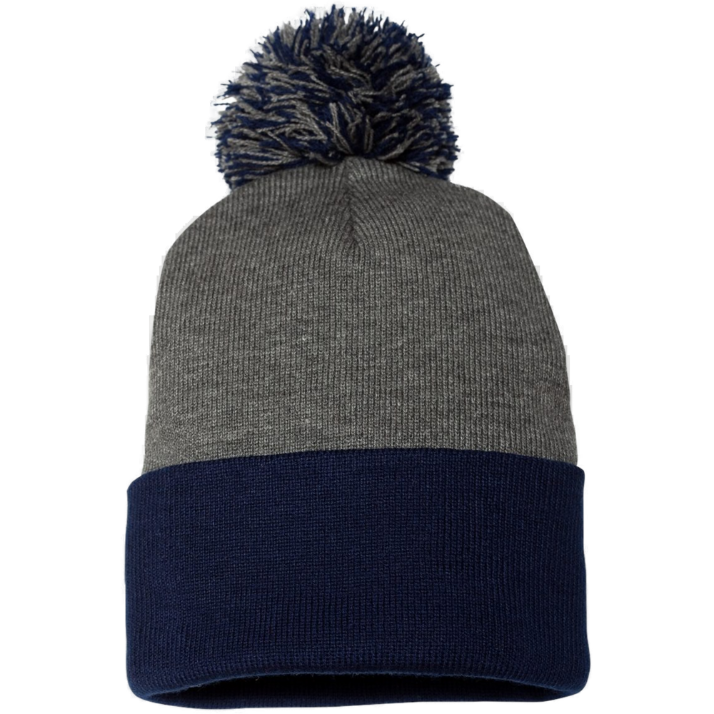 12" Pom-Pom Cuffed Beanie — Dark Heather Grey/ Navy