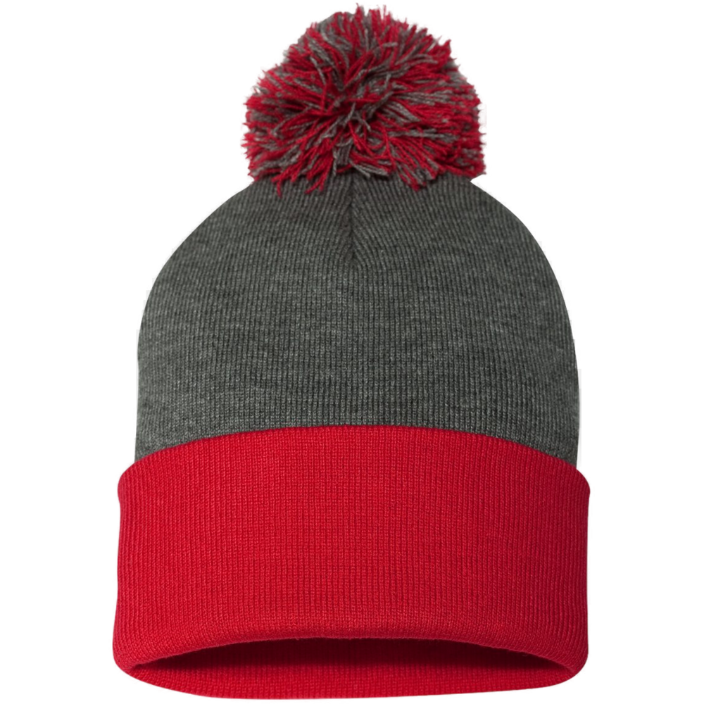 12" Pom-Pom Cuffed Beanie — Dark Heather Grey/ Red