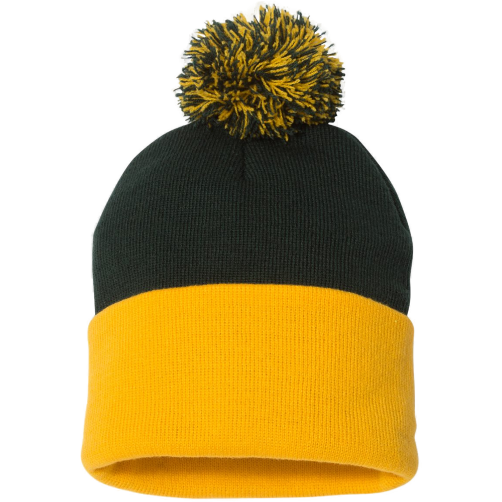 12" Pom-Pom Cuffed Beanie — Forest/ Gold