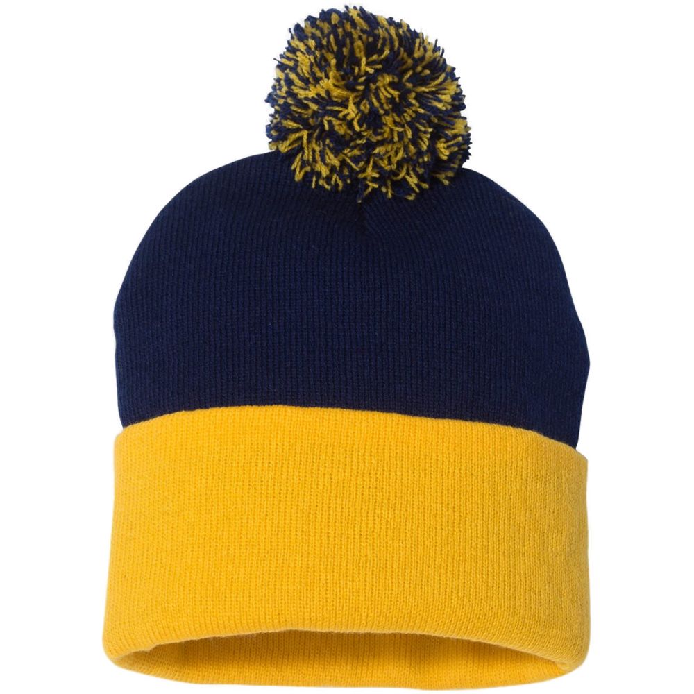 12" Pom-Pom Cuffed Beanie — Navy/ Gold