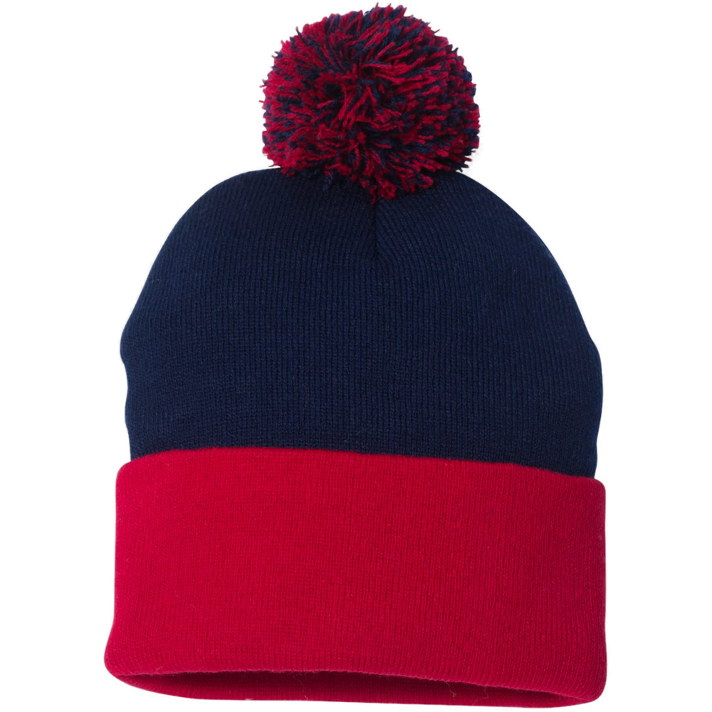 12" Pom-Pom Cuffed Beanie — Navy/ Red
