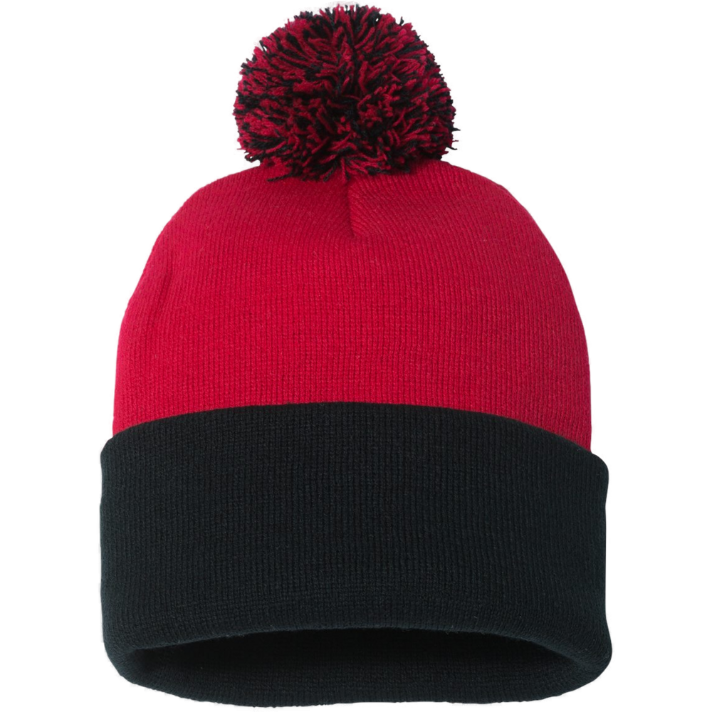 12" Pom-Pom Cuffed Beanie — Red/ Black