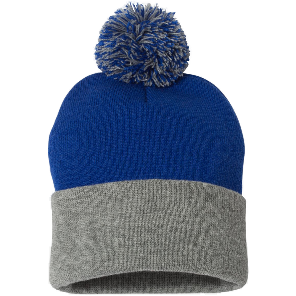 12" Pom-Pom Cuffed Beanie — Royal/ Light Heather Grey