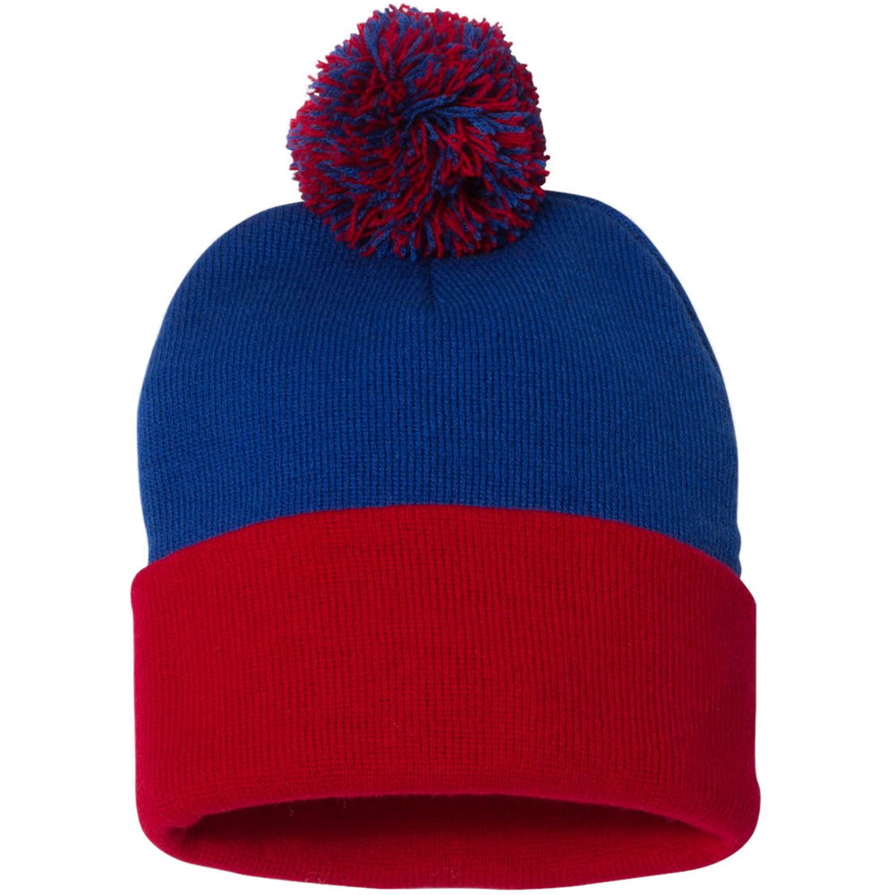 12" Pom-Pom Cuffed Beanie — Royal/ Red
