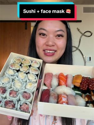 Sushi takeout + face mask night! 🍣✨ The @lorealparis glass skin mask made my skin SO glowy 🫶 AD #skincare #glassskin #kbeautyinspired #sushi