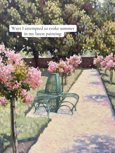 Sharing some little decisions I made throughout this painting to try and evoke the feeling of a warm summer’s day in this rose garden 🌸🪿🍃 Available now at brittanydixonart.com #oilpainting #rosegarden #artist