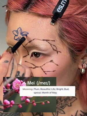 keup inspired by my name! Mei means plum blossom in Japanese and Chinese culture. My full name means something along the lines of “Small flower that survives through a winter storm” 🥲 • @esumcosmetics neutral eyeshadow palette @blendbunnycosmetics x Mei Pang rotten palette @danessa_myricks bunny, vamp, and nude 11 colourfix @maccosmetics pro liner in blue and red @urbandecaycosmetics blonde taupe mascara @moodylenses_official circle lenses @kryolanofficial tv paint sticks @mehronmakeup yellow and orange face paint #flowermakeup #namemeaning #graphicliner