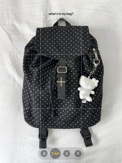 what’s in my bag? —  introducing my bag contents of april main feature:  bag: black polka dot drawstring backpack from LOOF korea  keychain: white hello kitty keychain from @and ST アンドエスティ（旧ドットエスティ）   bag contents: a. @apple silver MacBook Air   b. @아트박스 ARTBOX pochacco pouch c. @Temu polka dot claw clip (black)  d. @temu snow cat airpods case (airpods 4)  e. @Coach bifold wallet (black) f.  @M·A·C Cosmetics lusterglass lipstick (alone time)  g. @아트박스 ARTBOX earbuds (ft. megumi gacha) h. @apple silver iphone 5  i. @chanel.beauty compact mirror  j. @pradabeauty paradox perfume sample  #bagessentials #whatsinmybag #inmybag #バッグの中身 
