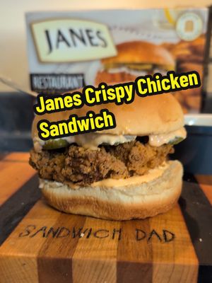 We've got drive-thru chicken sandwiches at home! For real though! @janes_foods Restaurant Style Crispy Chicken goes right in the air fryer, then onto a bun with pickles and some spicy mayo and that's it! Quick and easy chicken sandwiches without even starting the car. #ad #crispychickensandwich #sandwichdad #janes #familydinnerideas