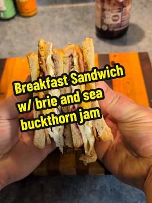 Here's a fun breakfast sandwich with bacon, eggs, brie, and blueberry sea buckthorn jam on sourdough. #breakfastsandwich #seabuckthornjam #eggsandwichhack #sandwichdad #sandwichrecipe