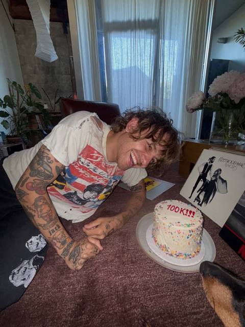 numbers are the last reason i do this but an insane amount of u have joined in the last 3 weeks or so and my wife got me a sexy lil cake to celebrate. 100k on Instagram is INSANE. truly insane to think of 100k people, all in one space. a milestone for-sure, and one that was achieved completely from an independent grind, amazing friends and musical collaborators, a sick management team, and JOY. WELCOME!!!!!! thank u all for the love (but especially my wife and my crazy ass dog 🥲)