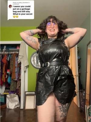 Replying to @Baby_Bombies i love the hem shape from the bag tie flaps lmfao i’m officially pro garbage bag fashion and someone should make me this post apocalyptic outer-space dominatrix dress for real 🤭👀😇 . •bag from under my sink •harness from @Lively Ghosts (code SS10 for 10% off 🫡) •lipstick is @menageriecosmetics in ‘fleur’ (code SUBVERSIVESOCIALITE for 10% off) •boots are @Vince Camuto . . . . . . #bodypositive #bodyneutrality #grwm #torontolife #diyfashion #styleinspo