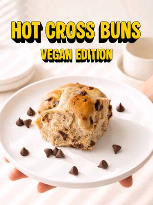Hot Cross Buns 🐰 Vegan Edition Dough: 650g bread flour (5 1/4 cups) 8g instant yeast (2 1/2 tsp) 70g white sugar (1/3 cup) 40g brown sugar (3 tbsp) 6g cinnamon (2 tsp) 6g allspice (2 tsp) 6g salt (1 tsp) 375ml warm water (1 1/2 cups) 35ml aquafaba (2 tbsp) 50g vegan butter, melted (3 1/2 tbsp) 10g vanilla paste (2 tsp) 75g dark choc chips *no dairy* (1/2 cup) 75g choc chips *no dairy* (1/2 cup) Cross: 75g flour (1/2 cup) 100ml water (1/3 cup + 1 tbsp) 4g vanilla (1 tsp) Glaze: 100g icing sugar (3/4 cup) 150ml boiling water (2/3 cup) 6g vanilla (1 1/2 tsp) Method: Mix dry ingredients, then add water, aquafaba, butter & vanilla. Knead until smooth (8–10 min), then fold in chocolate. Cover & rise for 1 hour until doubled. Divide into 12, shape into balls & place on tray. Rise again 30–45 mins. Mix cross paste, pipe crosses. Bake at 180°C (360°F) convection for 30 mins or until dark brown. Mix glaze & brush over hot buns for shine