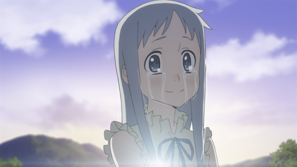 Menma de Anohana, com lágrimas escorrendo dos olhos enquanto ela fica de pé contra o nascer do sol.