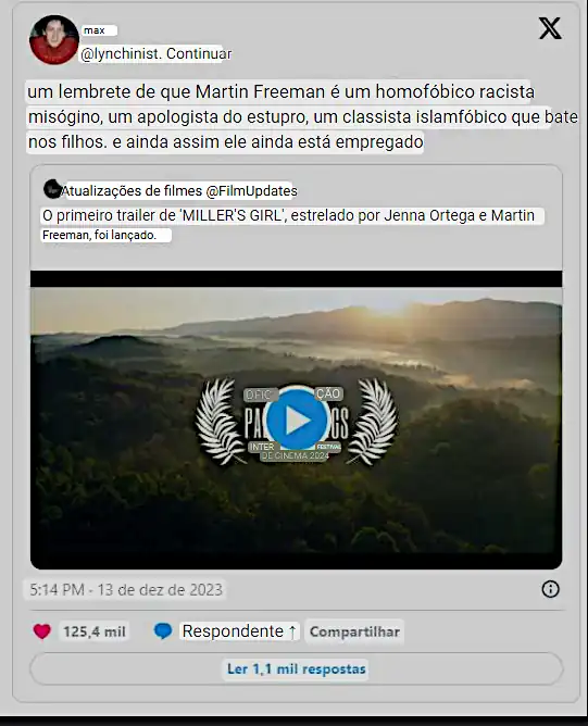 Linchinista via X: Tradução via google translate: um lembrete de que Martin Freeman é um homofóbico racista misógino, um apologista do estupro, um classista islamfóbico que bate nos filhos. e ainda assim ele ainda está empregadoAtualizações de filmes @FilmUpdates O primeiro trailer de 'MILLER'S GIRL', estrelado por Jenna Ortega e Martin Freeman, foi lançado. 
