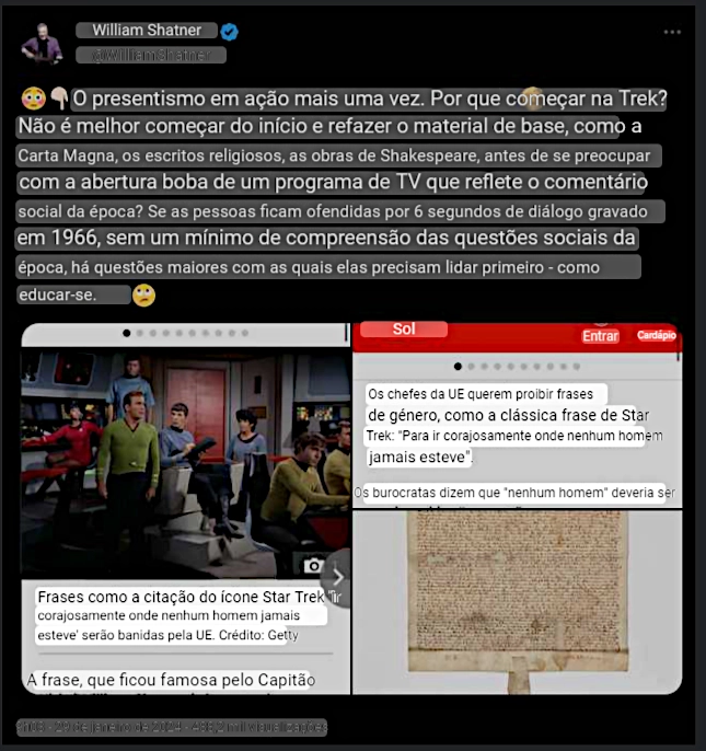 Controvérsia em Star Trek: 'Shatner' é Contra a Censura da UE ao Slogan de Star Trek 'Indo aonde nenhum homem jamais esteve' 6 William Shatner (@WilliamShatner) via Twitter