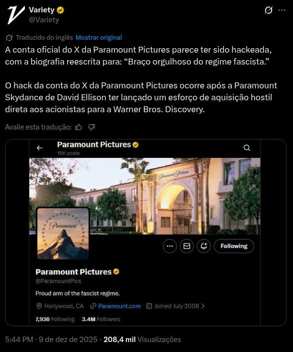 Paramount é hackeada e bio no X é alterada com acusação política durante guerra corporativa 1