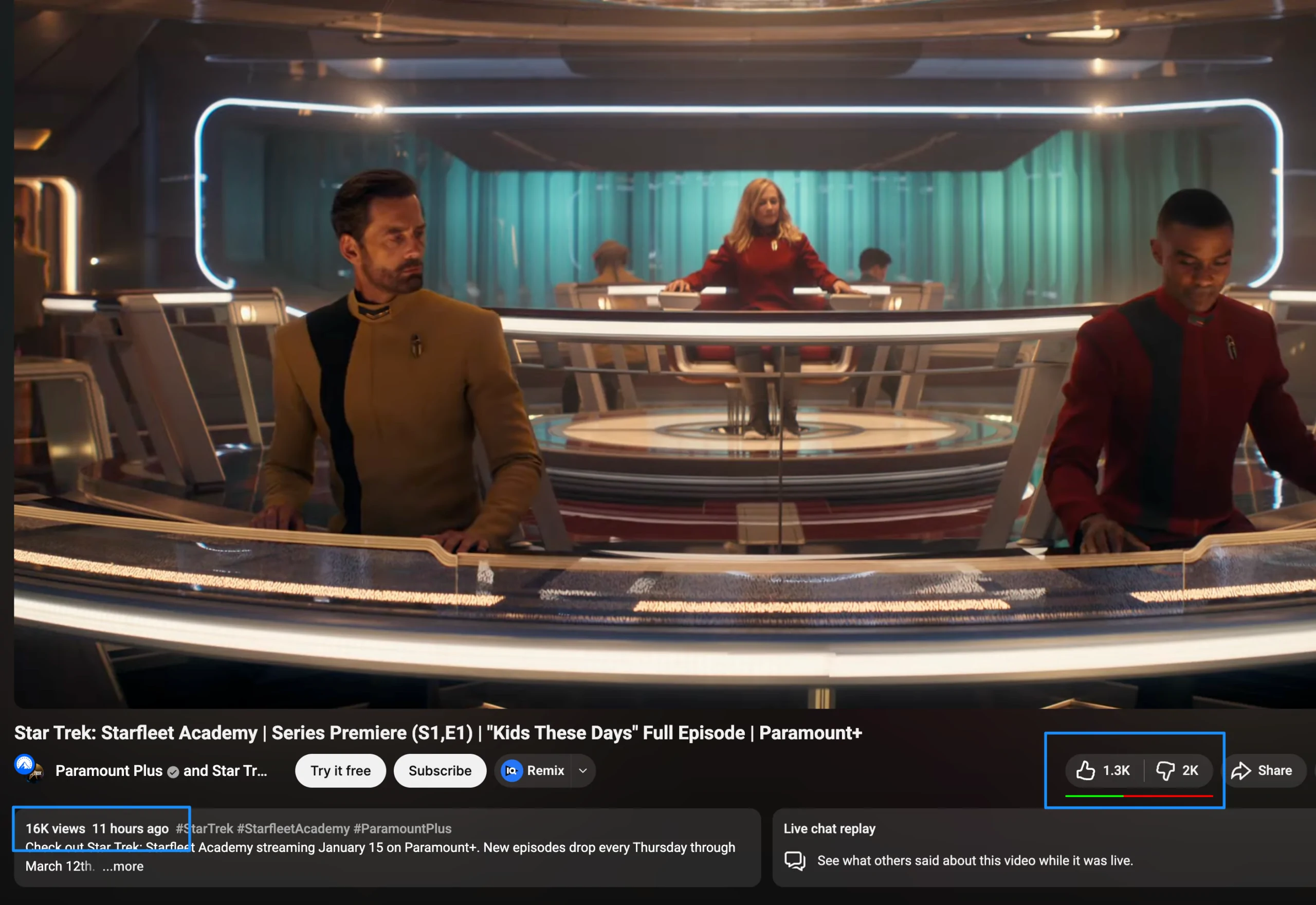 Números de visualizações e descurtidas da estreia de Star Trek: Starfleet Academy em 15 de janeiro de 2026 às 11h36 – YouTube, Star Trek