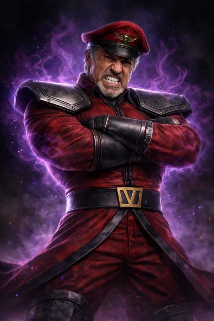 Legenda (prova de conceito):“Versão live-action conceitual gerada por IA (ChatGPT): M Bison estilo Sylvester Stallone