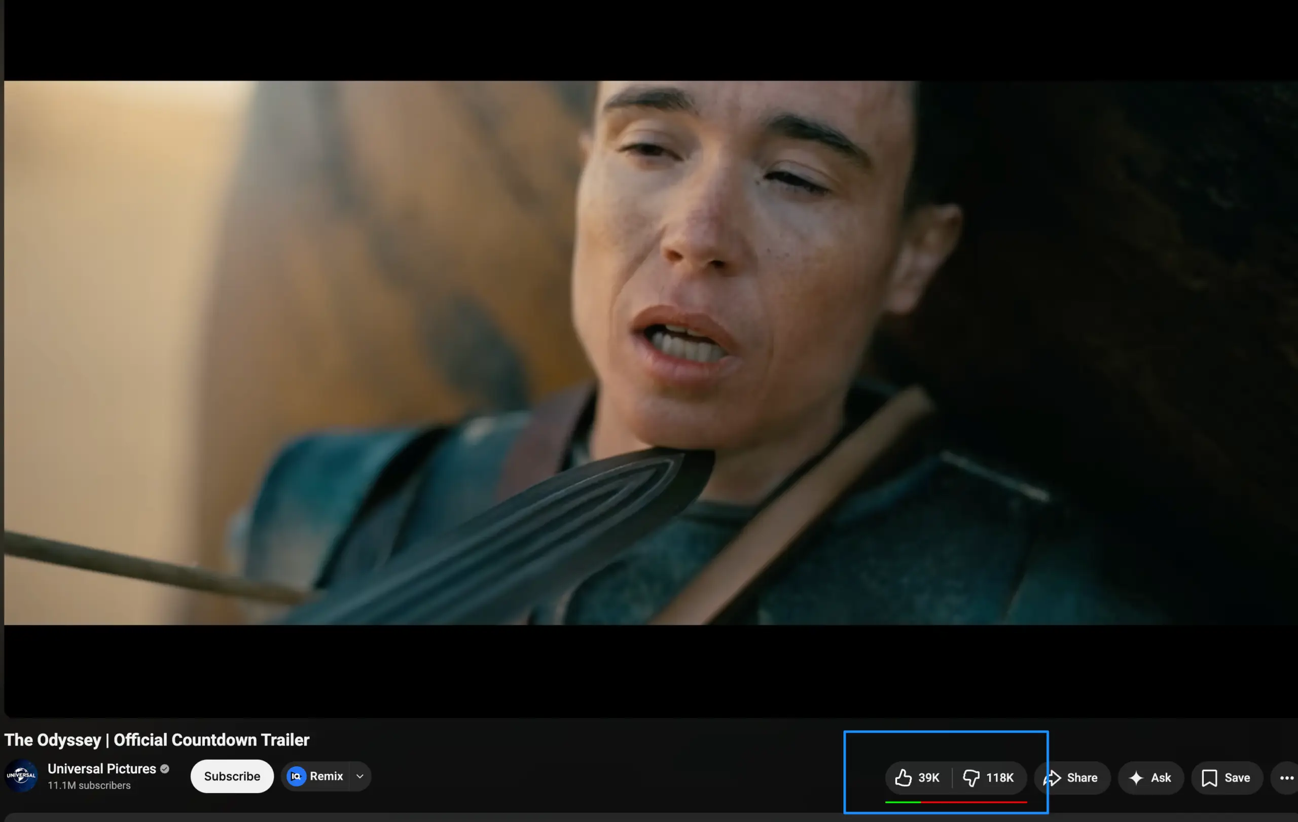 Proporção de curtidas e descurtidas para A Odisseia – YouTube, Universal Pictures