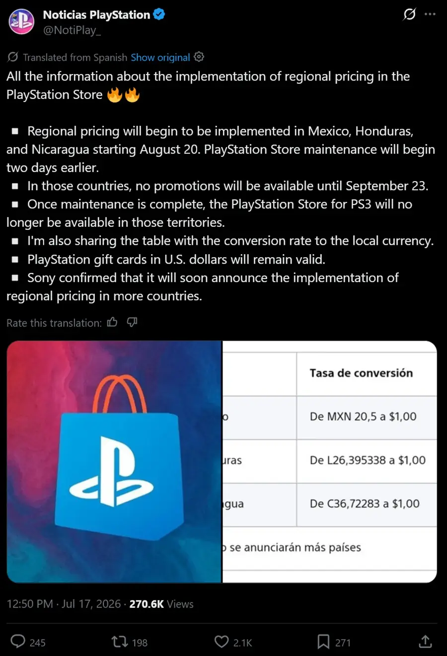 Anúncio de preços traduzido para a PlayStation Store da América Latina