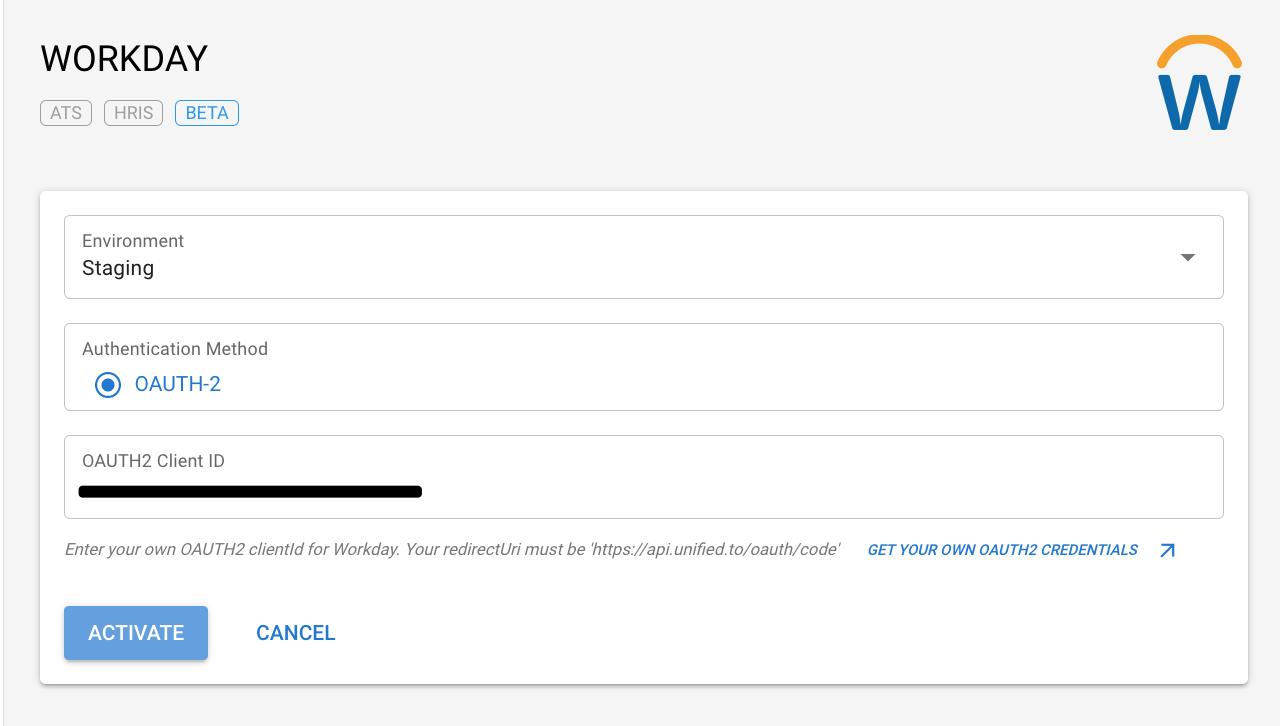Note: If you are activating an integration that supports API key and doesn't require OAuth credentials, then you can just click ACTIVATE.