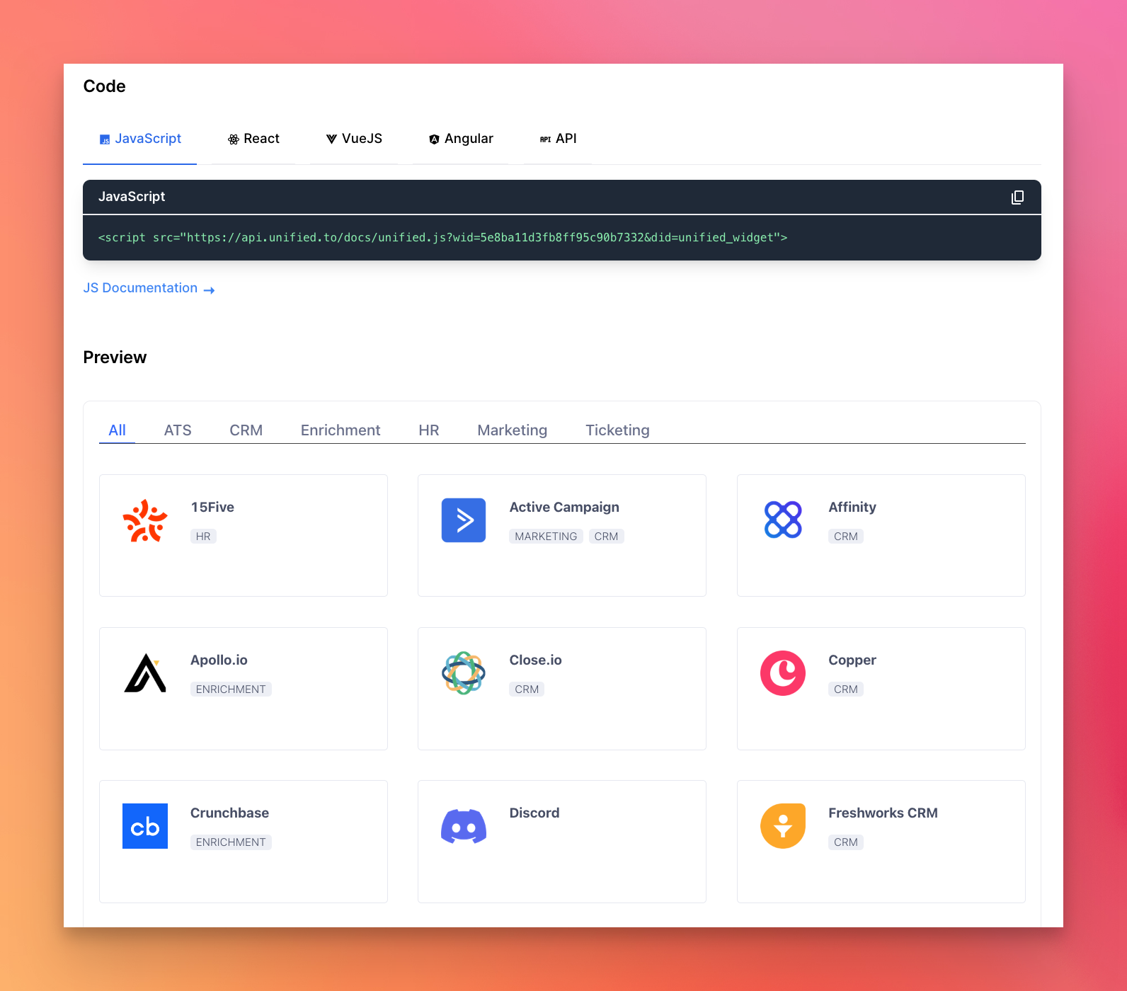 Unified.to embedded integrations directory preview
