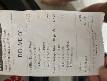 Consumer Review - Food Safety KFC Waltham Cross - Eleanor Cross Road, Eleanor Cross Road, Waltham Cross, UK I order kfc yesterday... photo #2