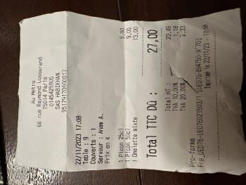 Consumer Review - Food Safety Au métro, Rue Raymond Losserand, Paris, France We had drinks and my spouse, who had food poisoning t... photo #1