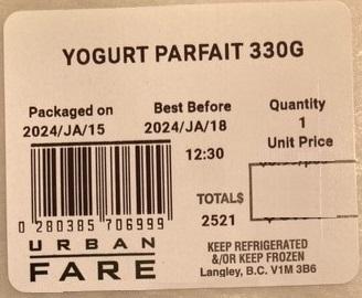 Food Recall Urban Fare UF Chia Tropical Fruit Parfait and Yogurt Parfait - recalled due to Salmonella Urban Fare... photo #2