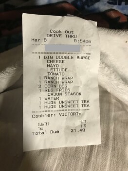 Consumer Review - Food Safety Cook Out, Calhoun Memorial Highway, Easley, SC, USA Suspected food poisoning. Symptoms: Diarrhea, Na... photo #4