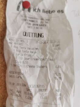 Consumer Review - Food Safety McDonald's, Stresemannstraße, Bremerhaven, Germany Es ging mir den ganze Tag 31.03.2024 gut. Abends... photo #3