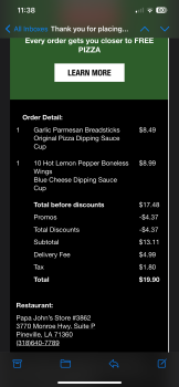 Consumer Review - Food Safety Papa Johns Pizza, Monroe Highway, Pineville, LA, USA Ordered boneless chicken and garlic bread stick... photo #2