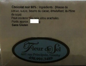 Food Recall Fleur de sel 60% dark chocolate recalled due to undeclared milk Fleur de sel, has issued a recall fo... photo #1