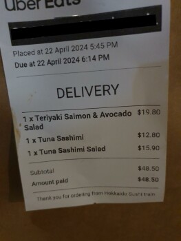 Consumer Review - Food Safety Uber Eats, Hokkaido Sushi Train, Brisbane Street, Launceston TAS, Australia Tuna sashimi salad, side... photo #2