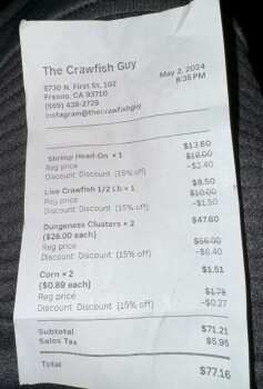 Consumer Review - Food Safety The Crawfish Guy, North First Street, Fresno, CA, USA On Thursday May 2nd 2024 Myself, Partner and 1... photo #2