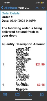 Consumer Review - Food Safety Domino's Pizza, West 104th Avenue, Anchorage, AK, USA Ordered a Hawaiian pizza with mushrooms for my... photo #2