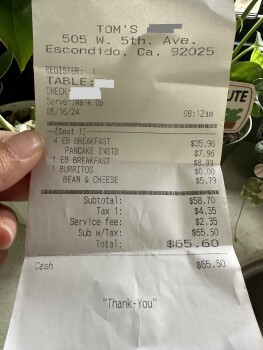 Consumer Review - Food Safety TOM's Famous Family Restaurant 23, West 5th Avenue, Escondido, CA, USA Thursday 5/16 around 8:30-9am... photo #2