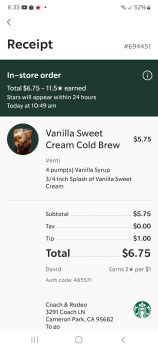 Reseña del consumidor - Seguridad alimentaria Starbucks, Coach Lane, Cameron Park, CA, USA At around 11:15 Ordered Large Cold Brew drink, asked to... foto #2