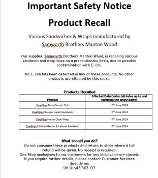 Food Recall Tesco and One Stop sandwiches and wraps recalled due to potential E. coli contamination Samworth Bro... photo #2