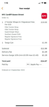 Consumer Review - Food Safety KFC Cardiff, Queen Street, Cardiff, UK I ordered 2 twister wraps and 2 fries (a deal at KFC). One tw... photo #2