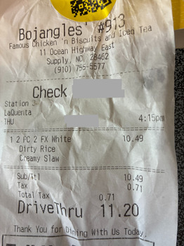 Consumer Review - Food Safety Bojangles, Whiteville Road Northwest, Shallotte, NC, U.S.A. April 9th about 3:00 pm Bojangles They d... photo #2
