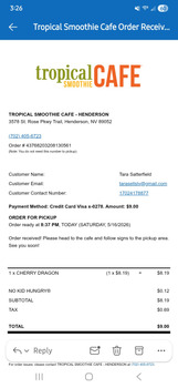 مراجعة المستهلك - سلامة الغذاء Tropical Smoothie Cafe, 3578 St Rose Pkwy Trail Ste 100, Henderson, NV 89052, USA I ordered the cher... صورة فوتوغرافية #2