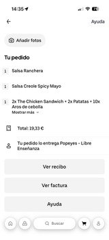 Reseña del consumidor - Seguridad alimentaria Uber Eats, Popeyes, Madrid, Madrid, Spain El sábado por la madrugada pedí un menú de 2 hamburguesas,... foto #3