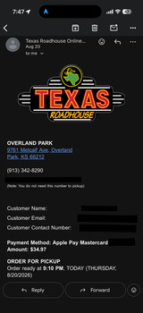 Consumer Review - Food Safety Texas Roadhouse, Metcalf Avenue, Overland Park, KS, USA Date of Food Purchase: August 20, 2026 Resta... photo #4